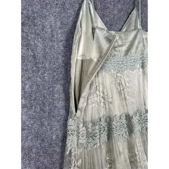 Anthropologie BHLDN Maxi Dress 4 Sage Green Silk Tiered Lace Romantic Ethereal - Picture 12 of 16